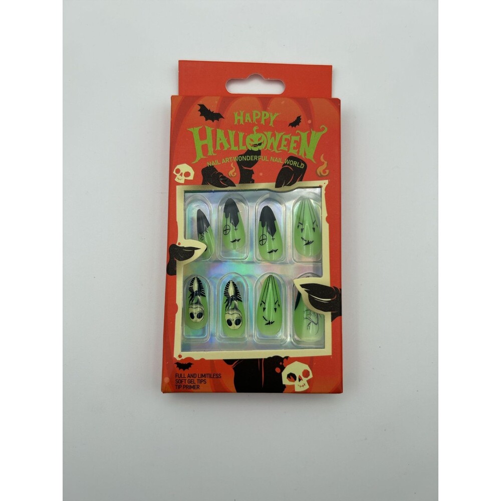 Glow Green Halloween Press On False Nails Long Almond Stiletto Skeleton 24